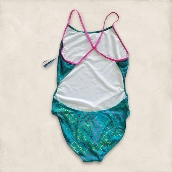 𝅺SPORTI Mermaid Fancy Foil Thin Strap One Piece Swimsuit Size 10/12 - Picture 5 of 11